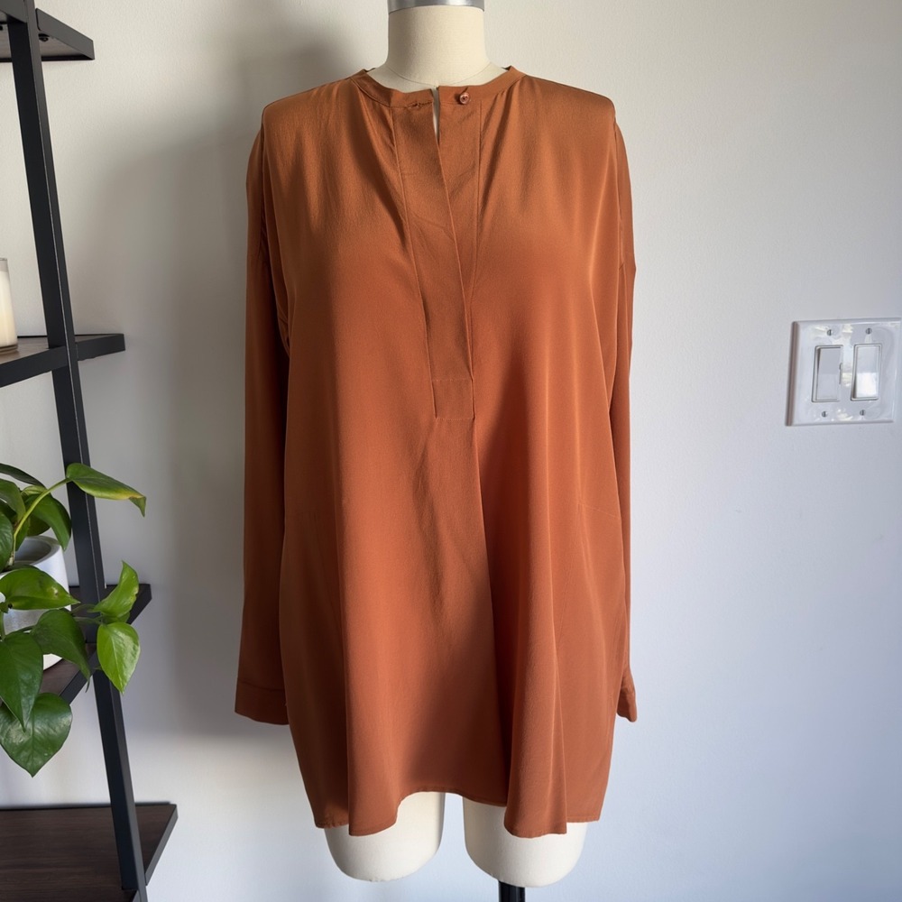 Vince Oversized 100% Silk Pullover Tunic Shirt/Blouse-Gingersnap Burnt Orange-XS